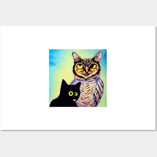 A Cat and An Owl Funny Pet Owner Posters and Art